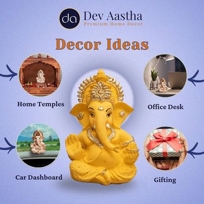 Lord Ganesha Idol for Car Dashboard, Home Decor & Pooja | Resin Gold Plated Ganpati Murti | 3.5 Inch Ganesh Statue for Gift, Diwali, Housewarming, Baby Shower, Mandir Decor, Yellow, Pack -1