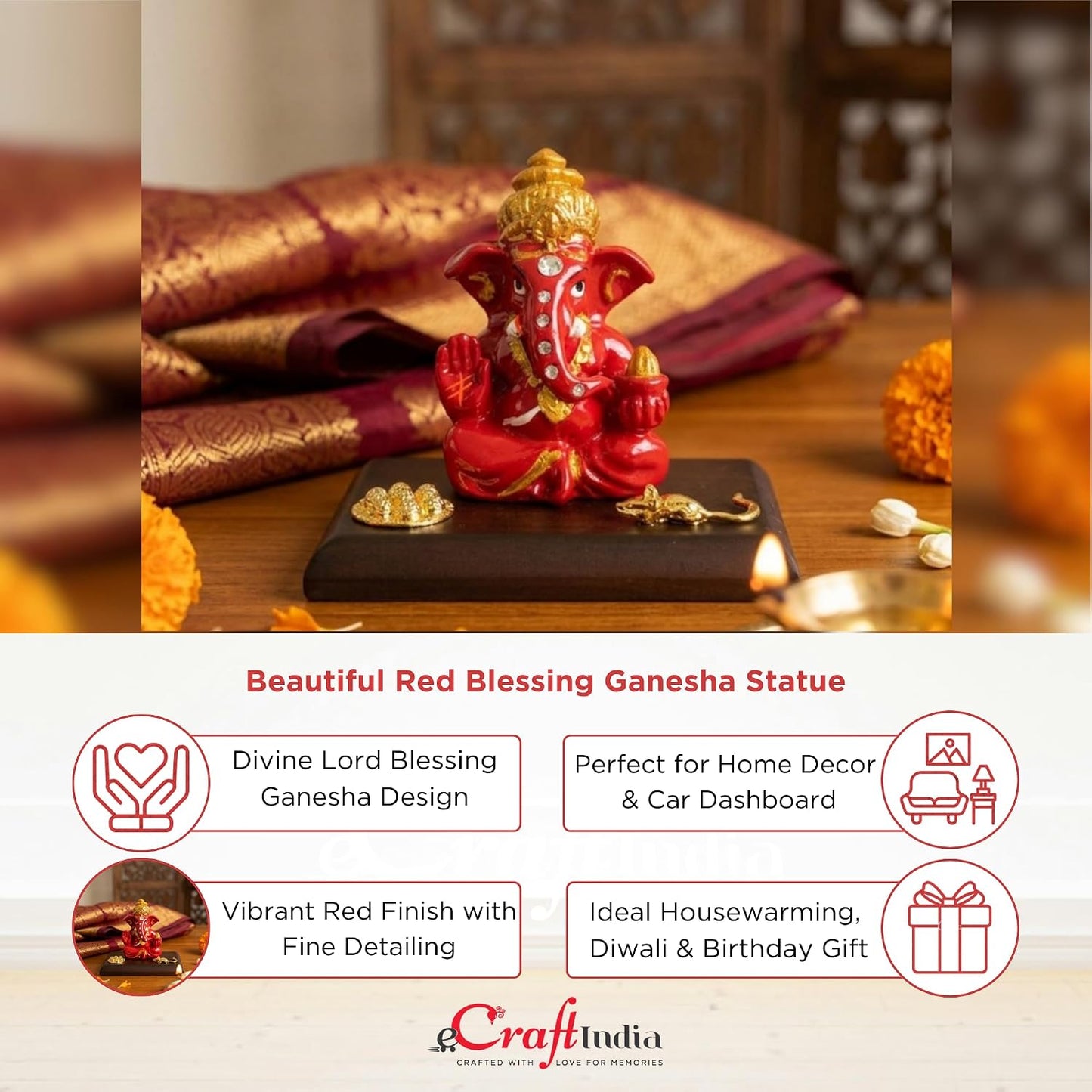eCraftIndia Red Blessing Ganesha Statue | Lord Ganesha Idol for Home Decor Car Dashboard | Ganesh Ganpati Murti Gift for Diwali Housewarming Birthday