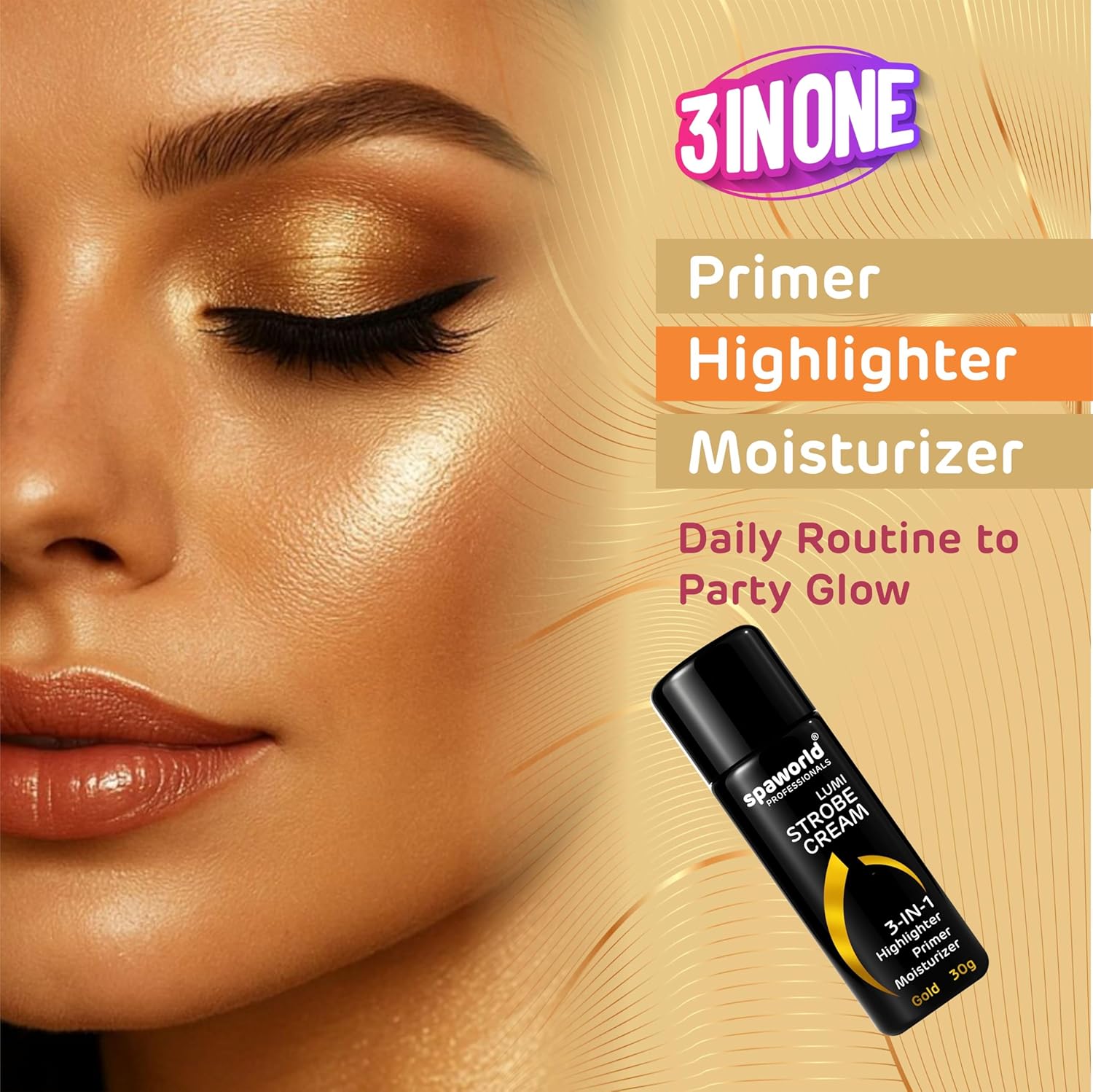 Advertisement for 3INONE makeup product with a close-up of a woman's face and the product packaging.