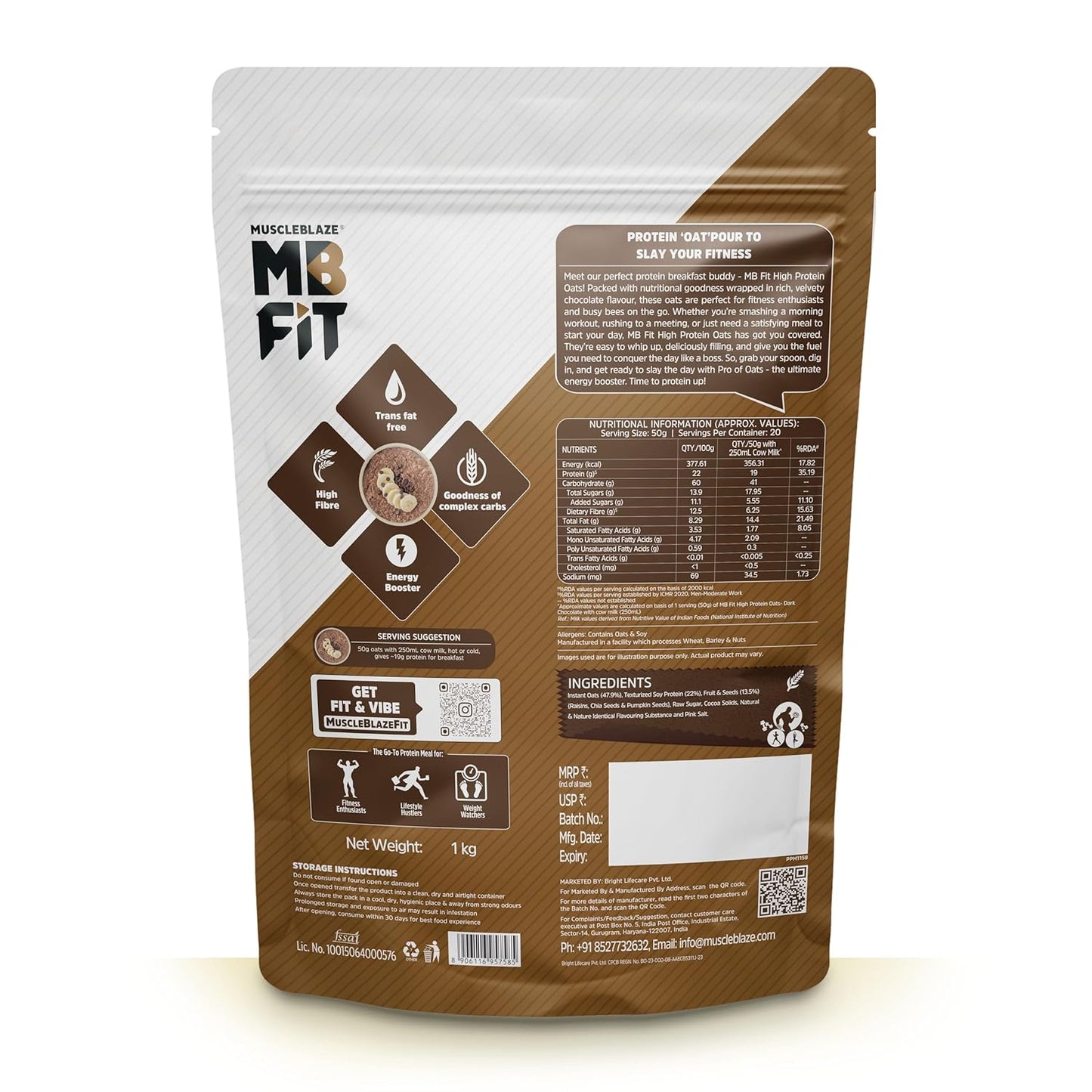 MuscleBlaze Fit High Protein Oats (Dark Chocolate, 400g) | 22g Protein | Breakfast Cereals for Weight Management