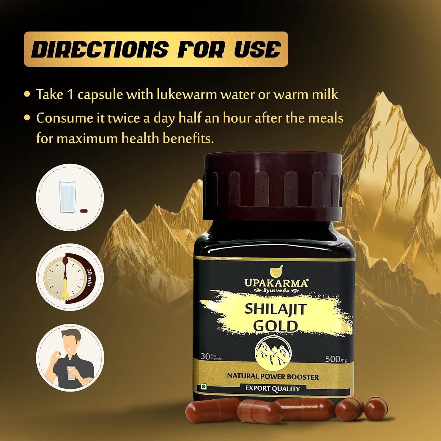 Upakarma Shilajit Gold 30 Capsules | Contains Gold | For Power, Stamina, Muscle Growth & Energy | Ashwagandha, Gokshura, Kali Musali & Other Action Herbs