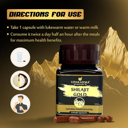 Upakarma Shilajit Gold 30 Capsules | Contains Gold | For Power, Stamina, Muscle Growth & Energy | Ashwagandha, Gokshura, Kali Musali & Other Action Herbs