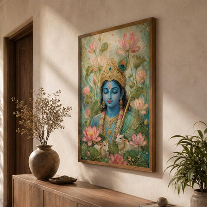 Lord Krishna Lotus Cow Wall Painting for Living Room Bedroom Hall Office Decor, Devotional Artwork with Sparkle Laminate and Wooden Synthetic Frame (13.5 x 19.5 Inch) NM01-4092