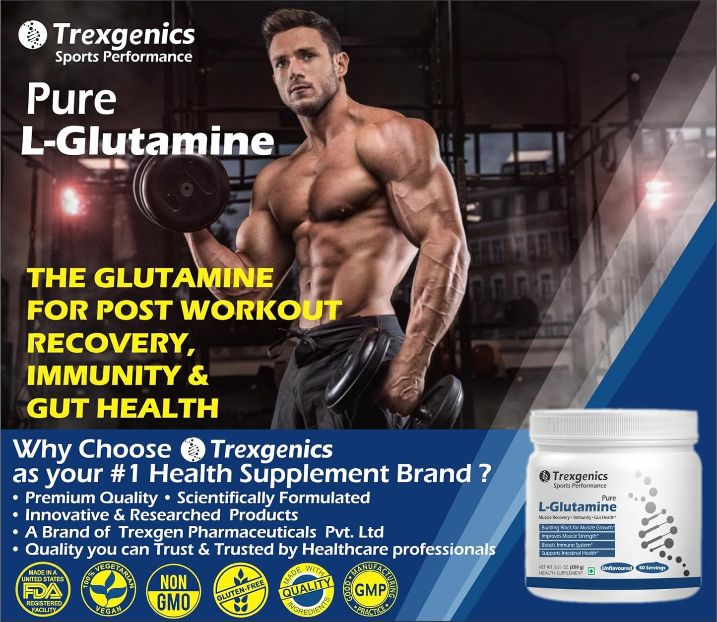 Advertisement for Trexegenics Pure L-Glutamine supplement with a muscular man lifting weights.