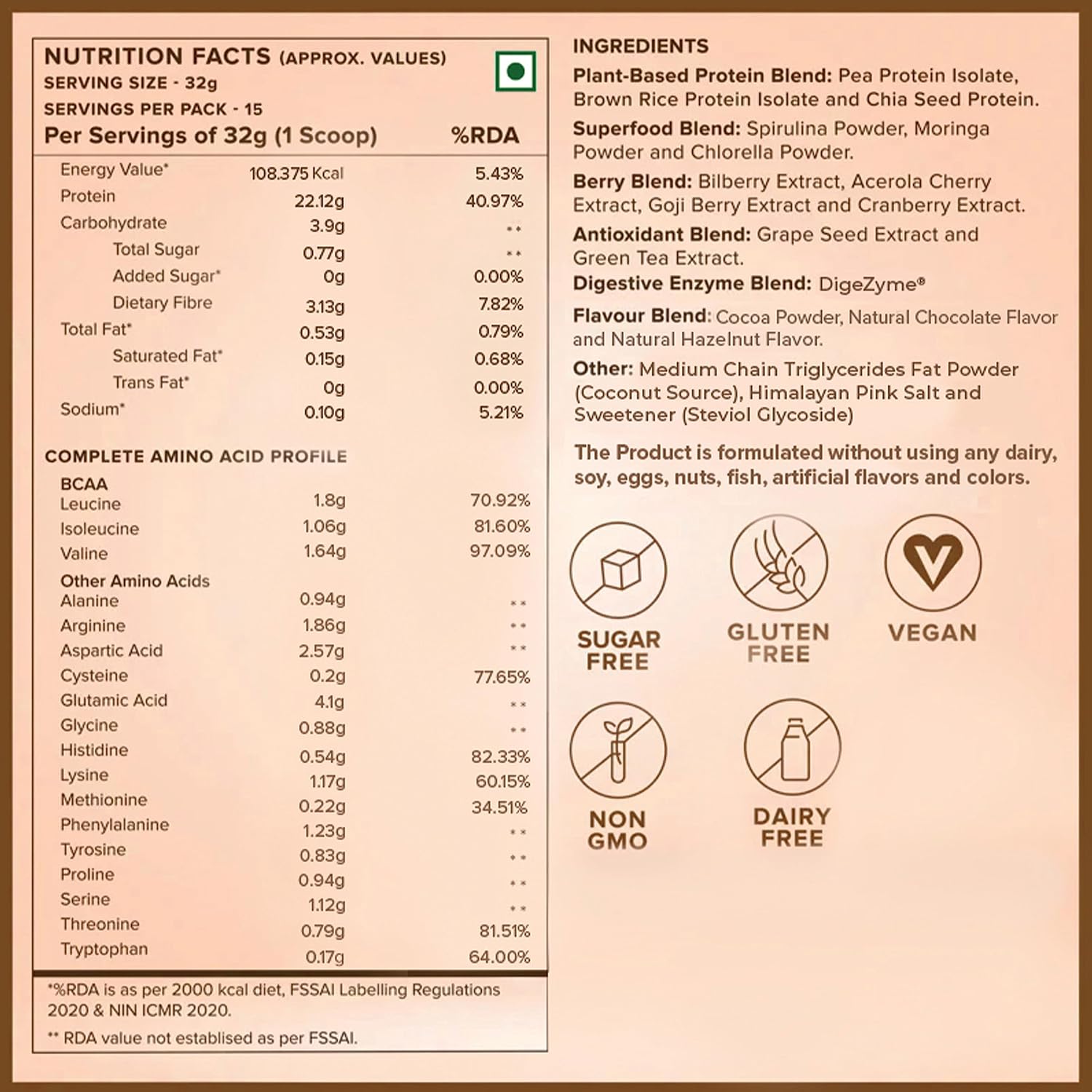 Zephivo Wellbeing Nutrition Organic Vegan Plant Protein Isolate Powder | 22g Protein, 5g BCAA European Pea & Brown Rice Protein | Superfoods, Fiber for Muscle Growth & Recovery | Dark Chocolate - 500gm