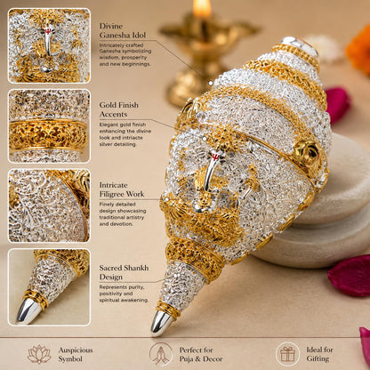 999 Pure Silver Plated & 24K Gold Plated Ganesh Shankh with Velvet Gift Box, 4.7 Inch Ganesha Shankh for Fengshui Vastu Gifts, Wedding Anniversary House Warming Gifts New Home Decor Items