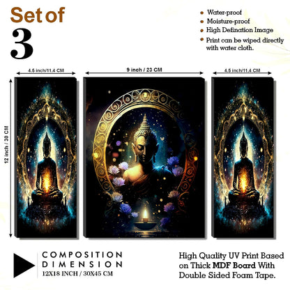 Cosmic Enlightenment Buddha Wall Art – Mystical Golden Halo & Lotus Candle Triptych | UV-Printed, Ready-to-Hang Spiritual Zen Décor (20 Inch x 12 Inch) JM-35299