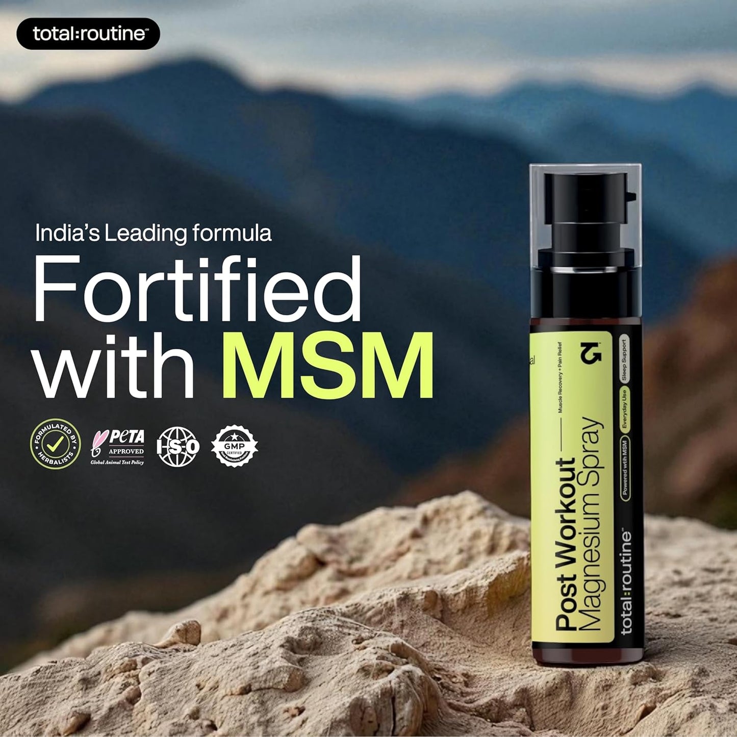 Bottle of Post Workout Magnesium Spray with mountainous background