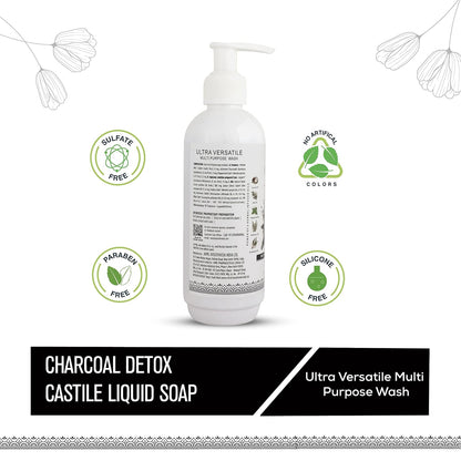Ayouthveda Charcoal Detox Castile Liquid Soap 4 in 1 | Multipurpose Wash for Face & Body | Deeply Cleanses & Detoxifies Skin | Germ Protection Wash (Pack of 1-200ml)