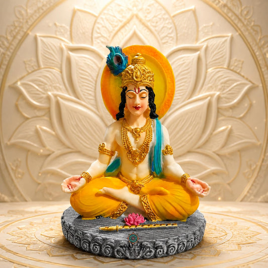 Meditating Lord Krishna Idol for Home Decor & Pooja | Marble Dust Krishna Murti with Flute | Matte Finish Multicolor Spiritual Statue (5 Inch)