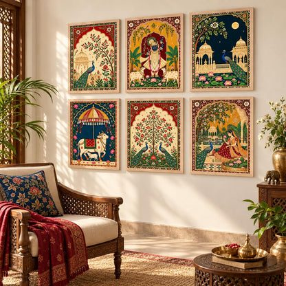 Madhubani Paintings Set of 6 Traditional Indian Folk Art Wall Painting With Frame for Living Room Bedroom Hotel Wall Decor Digital Reprint (10X13 Inch)