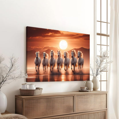 7 White Running Horses Vastu Wall Art Painting for Living Room, Seven Running Horses Painting for Bedroom, Home & Office, Stretched Canvas 16x22 Inch