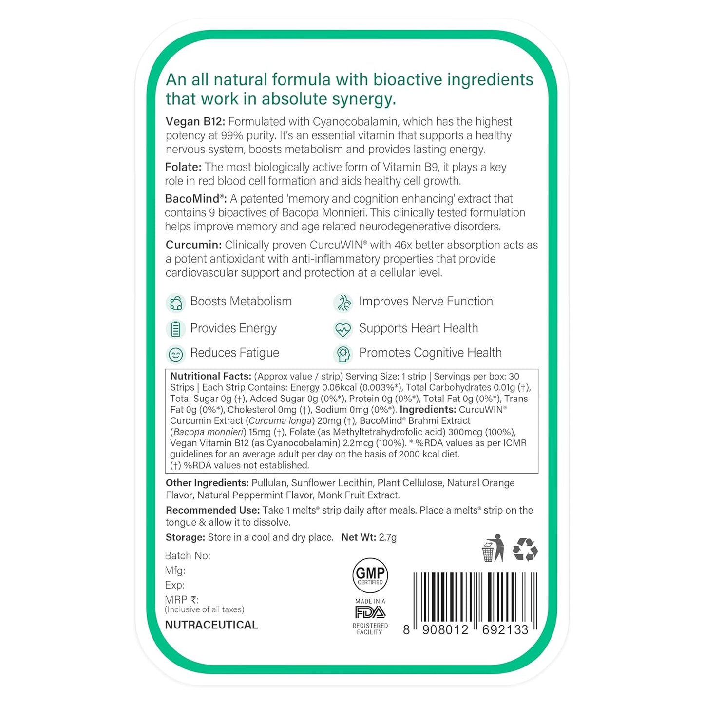 Zephivo Wellbeing Nutrition Melts Vegan Vitamin B12 Supplements for men & women | Memory Booster and Brain, Heart & Nervous System Support with B12, Folate, Brahmi & CurcuWIN | 30 Oral Thin Strips