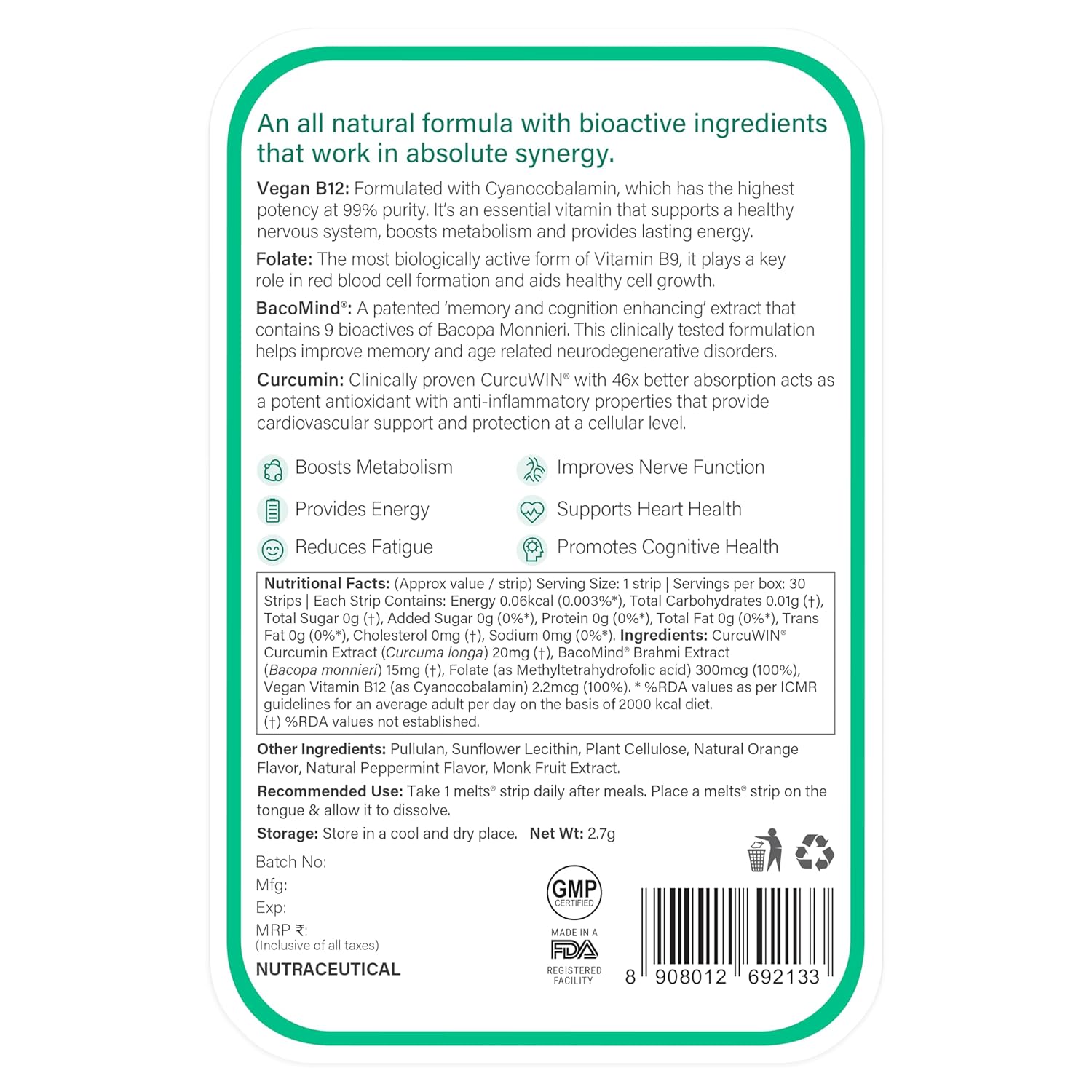 Zephivo Wellbeing Nutrition Melts Vegan Vitamin B12 Supplements for men & women | Memory Booster and Brain, Heart & Nervous System Support with B12, Folate, Brahmi & CurcuWIN | 30 Oral Thin Strips
