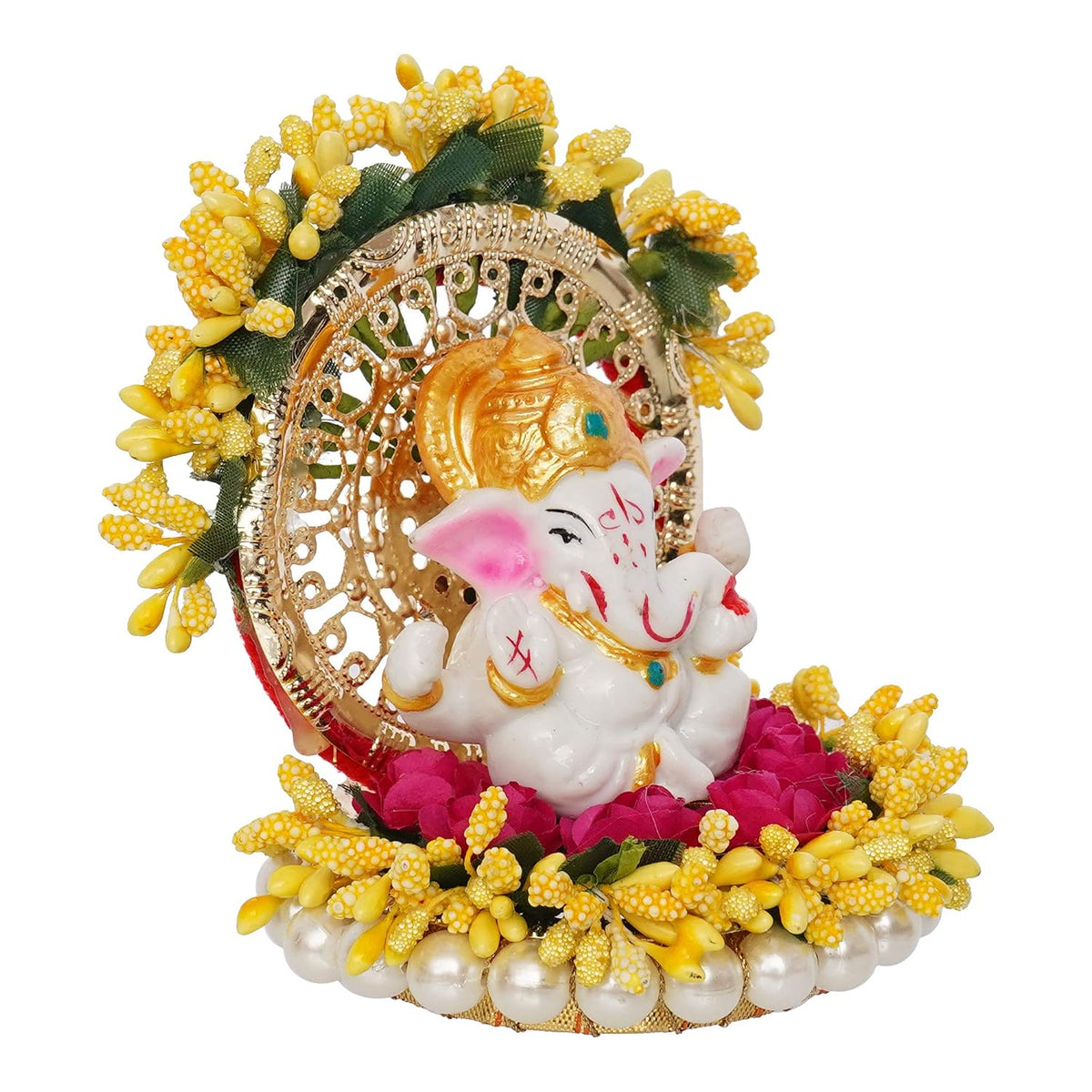 Resin Handcrafted Lord Ganesha Idol on Yellow Floral Decorative Plate| Ganesha Idol for Home Decor Car Dashboard| Ganesha Statue|Ganpati Murti Gift for Diwali Ganesh Chaturthi Housewarming