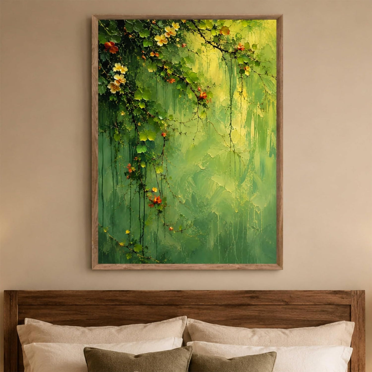 Green Floral Vine Wall Painting for Living Room Bedroom Hall Office Decor, Abstract Leaf Artwork with Sparkle Laminate and Premium Wooden Synthetic Frame (13.5 x 19.5 Inch) NM01-4111