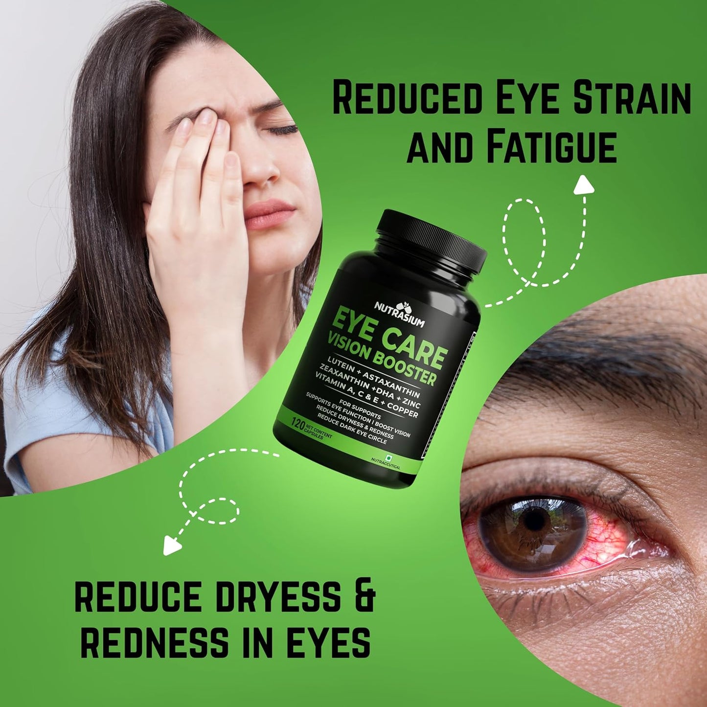 Nutrasium Eye Care | Lutein, Zeaxanthin Astaxanthin Eye Supplement | Supports Healthy Vision, Helps Reduce Digital Eye Strain & Fatigue from High Screen Time for Men, Women & Students (120-Capsules)
