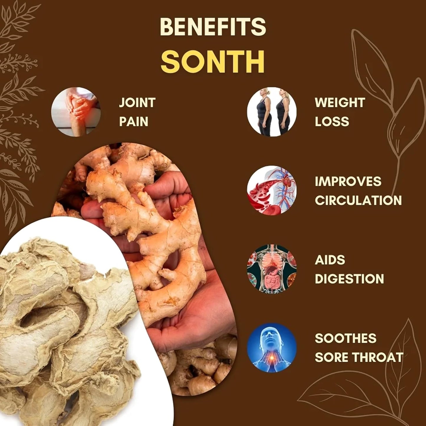 Benefits of Sonth (Ginger) with images and text on a brown background