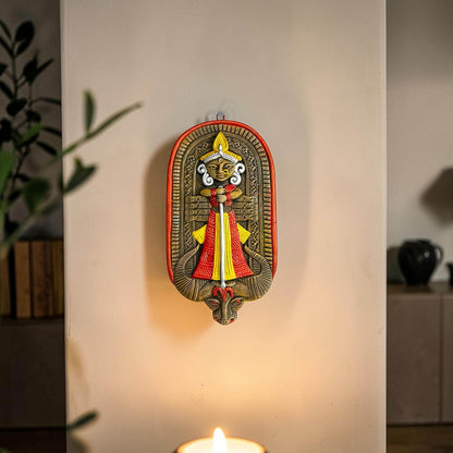 Maa Durga Murti Terracotta Wall Hanging Idol | Mahisasur Mardini Sherawali Devi MATA Wall Art Decor for Home, Temple, Mandir & Office Decor | Spiritual Gifts (23x12 CM)