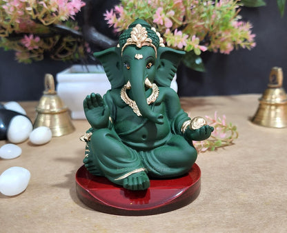 Handcrafted Poly Resin Ganesha Statue with Base - Perfect for Car Dashboard, Office Desk, Shelves, and Home Decor - Ideal Housewarming Gift! (Gaddigreenwithbase)