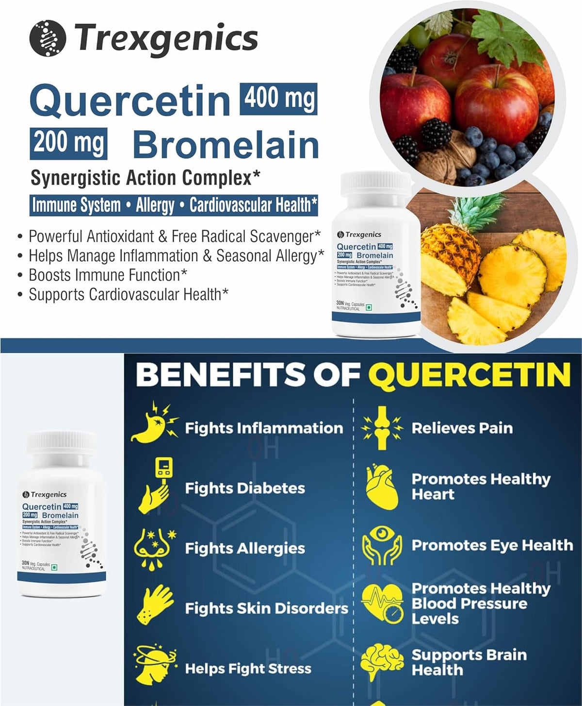 Trexgenics Quercetin 400 mg, Bromelain Synergistic Action Complex with benefits listed on a blue background.