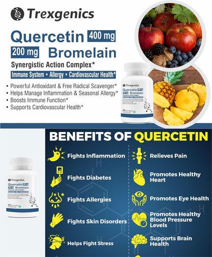 Trexgenics Quercetin 400 mg, Bromelain Synergistic Action Complex with benefits listed on a blue background.