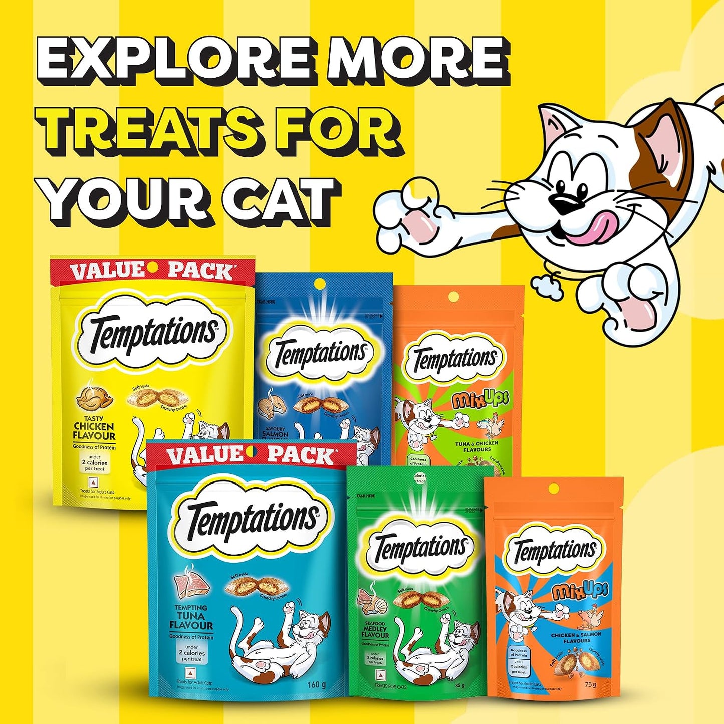Temptations MixUps Cat Treats, Chicken & Salmon Flavours, 75g – Two Irresistible Flavours in One Pack, Crunchy Outside Soft Inside, Goodness of Protein, Vitamins & Minerals, Resealable Pouch