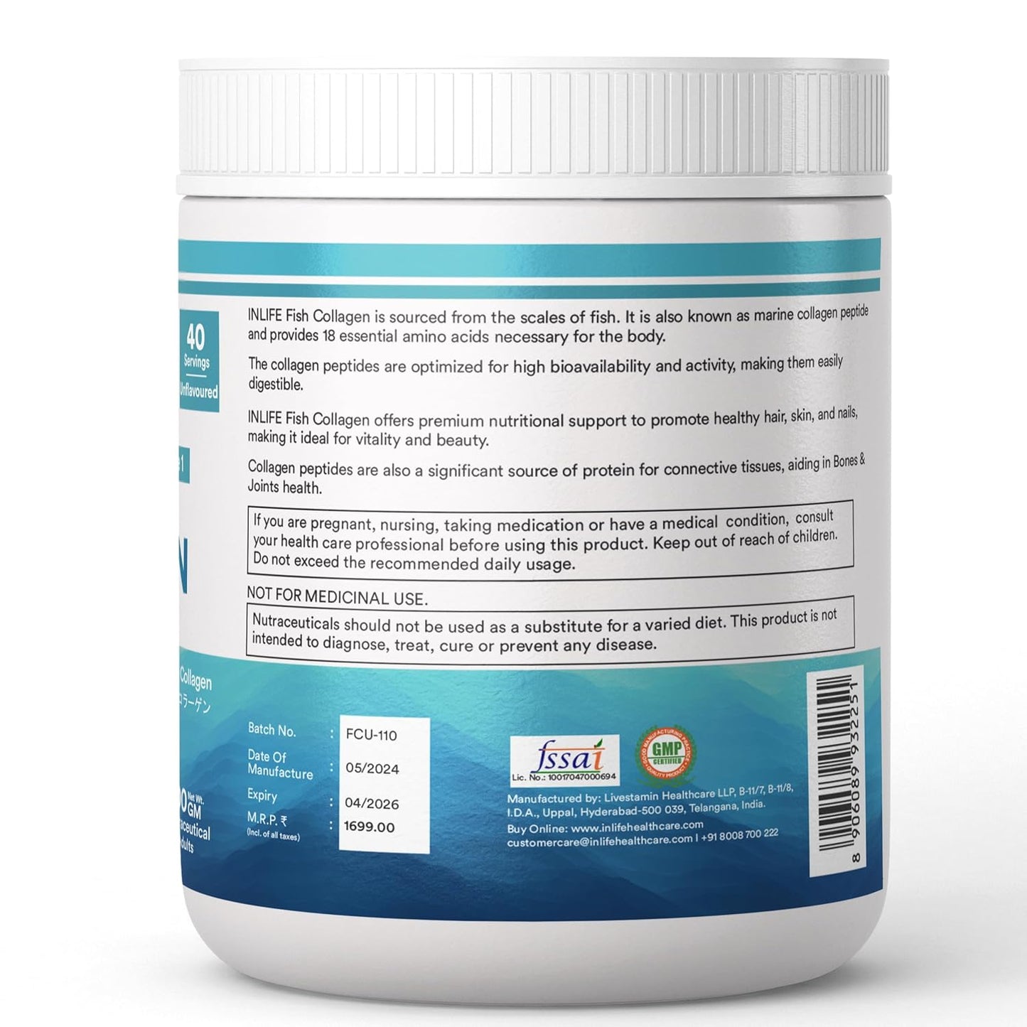 INLIFE Japanese Marine Collagen Supplements | Clinically Proven Ingredient | Hydrolyzed Fish Collagen Powder for Skin, Hair & Joints for Women & Men (Unflavored)