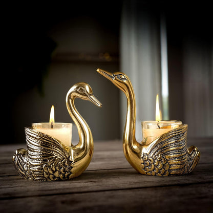 BEHOMA Pair of Swan Candle Holder with Giftbox for Home Decor, Gold