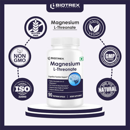 Biotrex Nutraceuticals Magnesium L Threonate 2000mg Per Serving | Better sleep, Cognitive Support & Quick Thinking | Brain & Memory Function | Most Bioavailable Form of Magnesium | 90 Vegetarian Capsules