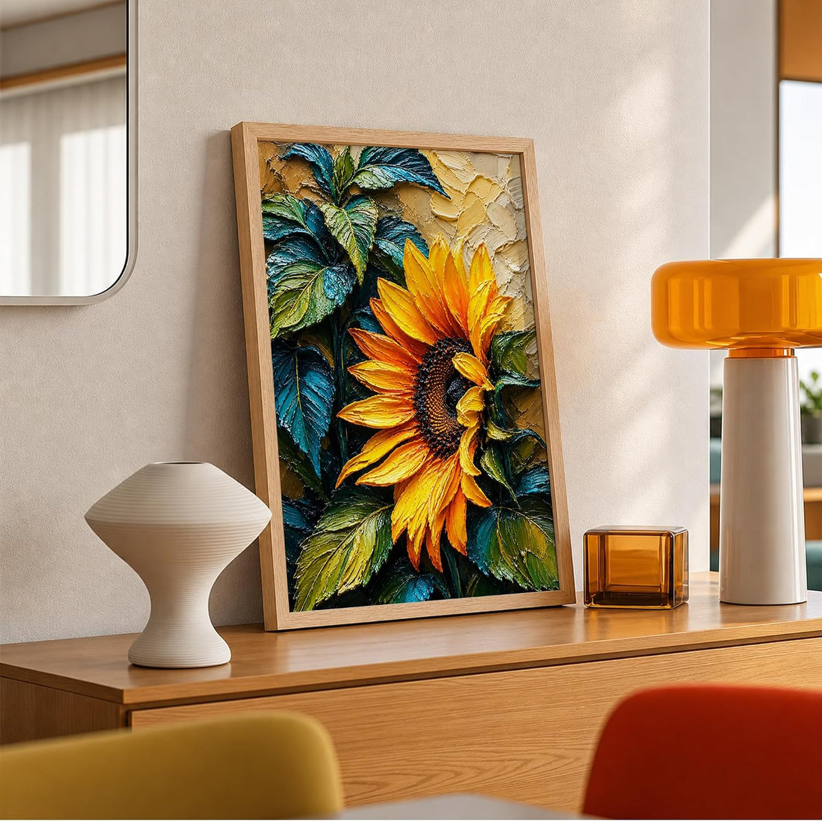 Sunflower Green Leaves Framed Wall Art, Natural, 10x13 Inches