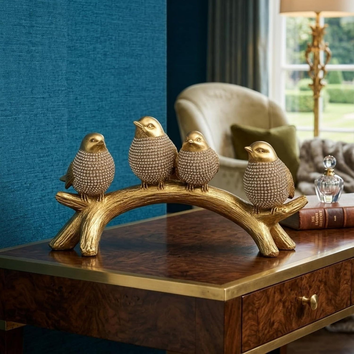Golden Birds on Branch Showpiece for Home Decor – Resin Chirping Birds Figurine Statue for Living Room Shelf Table Decoration | Modern Decorative Bird Golden Showpiece (20.5 x 11.5 x 9 cm)