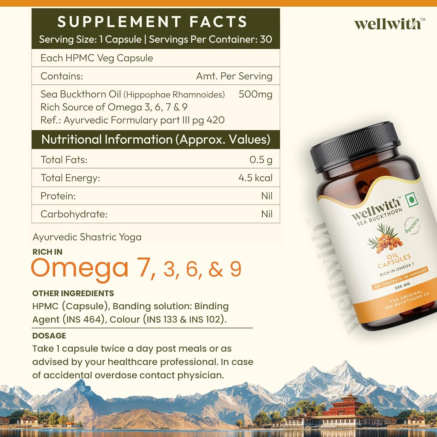 Wellwith by Ayuzera Sea Buckthorn Berry Oil Omega 7 500mg, 30 Veg HPMC Capsules, 15-Day Supply| Sea buckthorn Capsules rich In Omega 3, 6 & 9 help to keep the skin healthy| Dietary Supplements, 500mg Each