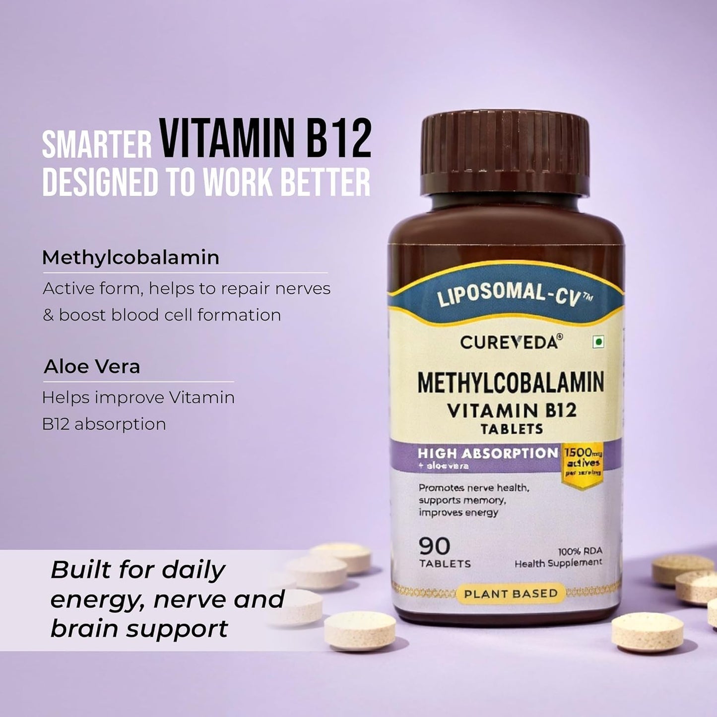 Cureyeda Methylcobalamin Vitamin B12 supplement bottle with product details on a purple background
