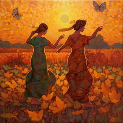 Sunset Garden Canvas Wall Art, Dancing Figures in Floral Field, Orange and Brown Tones, Modern Home Decor 16 Inch x 16 Inch CVS-38127