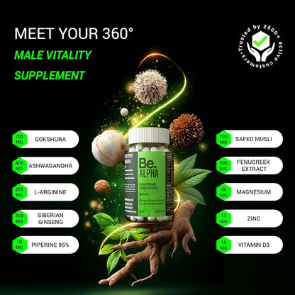 Be. Alpha Testosterone Support for Men | Daily Magnesium Supplement, Ashwagandha, Safed Musli, Fenugreek, Gokhshura & Ginseng | For Energy, Stamina, Vitality & Muscle Mass | (60 capsules)