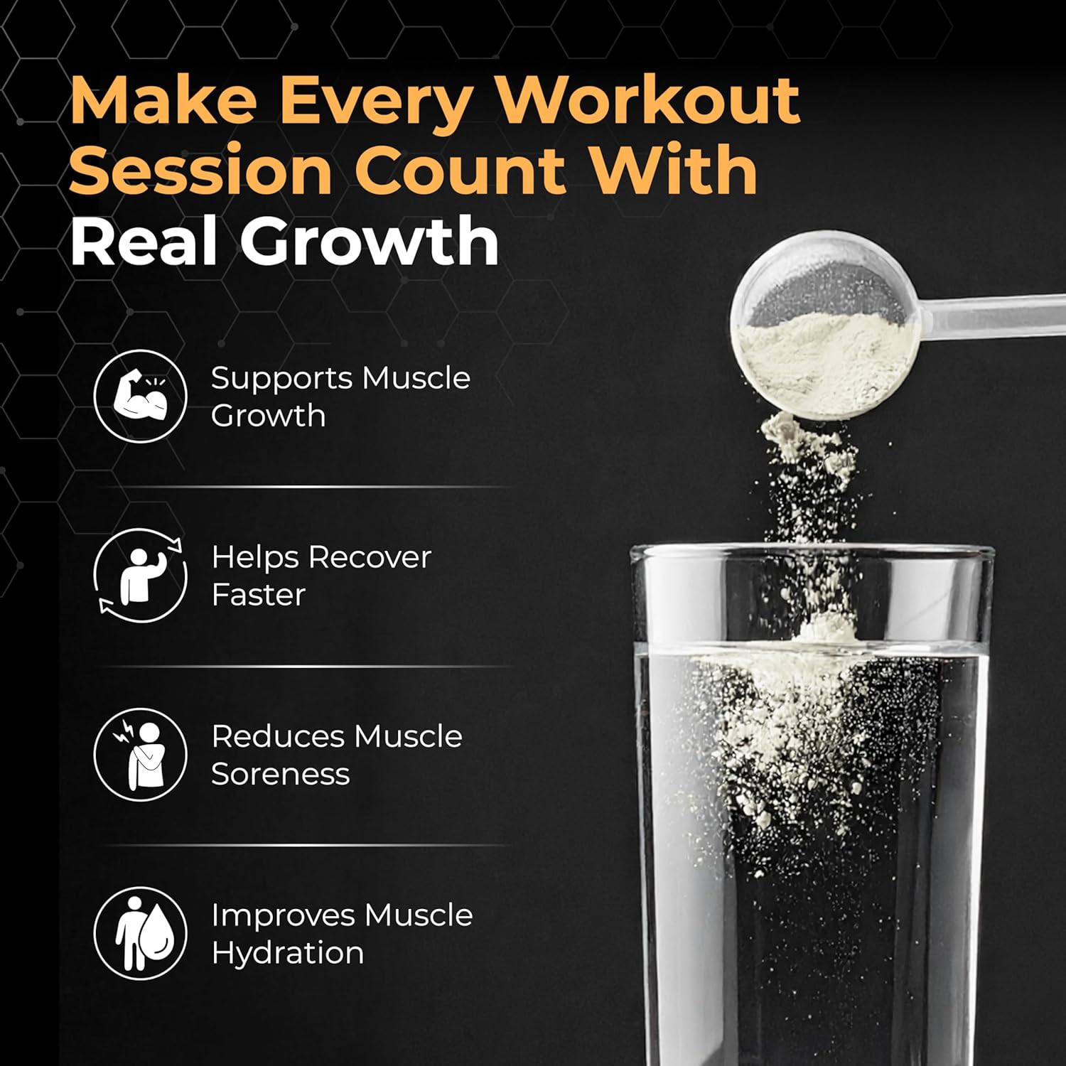 Supplement being added to a glass with text about workout benefits on a dark background