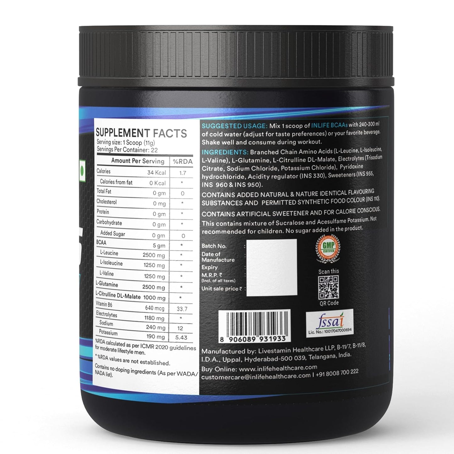 INLIFE BCAA Supplement 7g Amino Acids Instantized for Pre Post & Intra Energy Drink for Workout, 2.5g L-Glutamine,1g Citrulline Malate, 1180mg Electrolytes Powder (Orange, 250g)