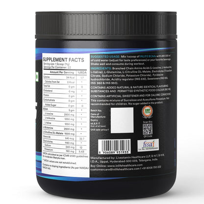 INLIFE BCAA Supplement 7g Amino Acids Instantized for Pre Post & Intra Energy Drink for Workout, 2.5g L-Glutamine,1g Citrulline Malate, 1180mg Electrolytes Powder (Orange, 250g)