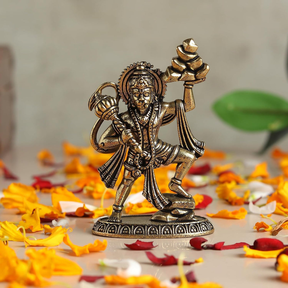 Brass Hanuman Ji Idol | Handcrafted Hanuman Murti for Pooja Room | Home Temple & Festival Gift (Design04: L5 x W3 x H7.5 cm)