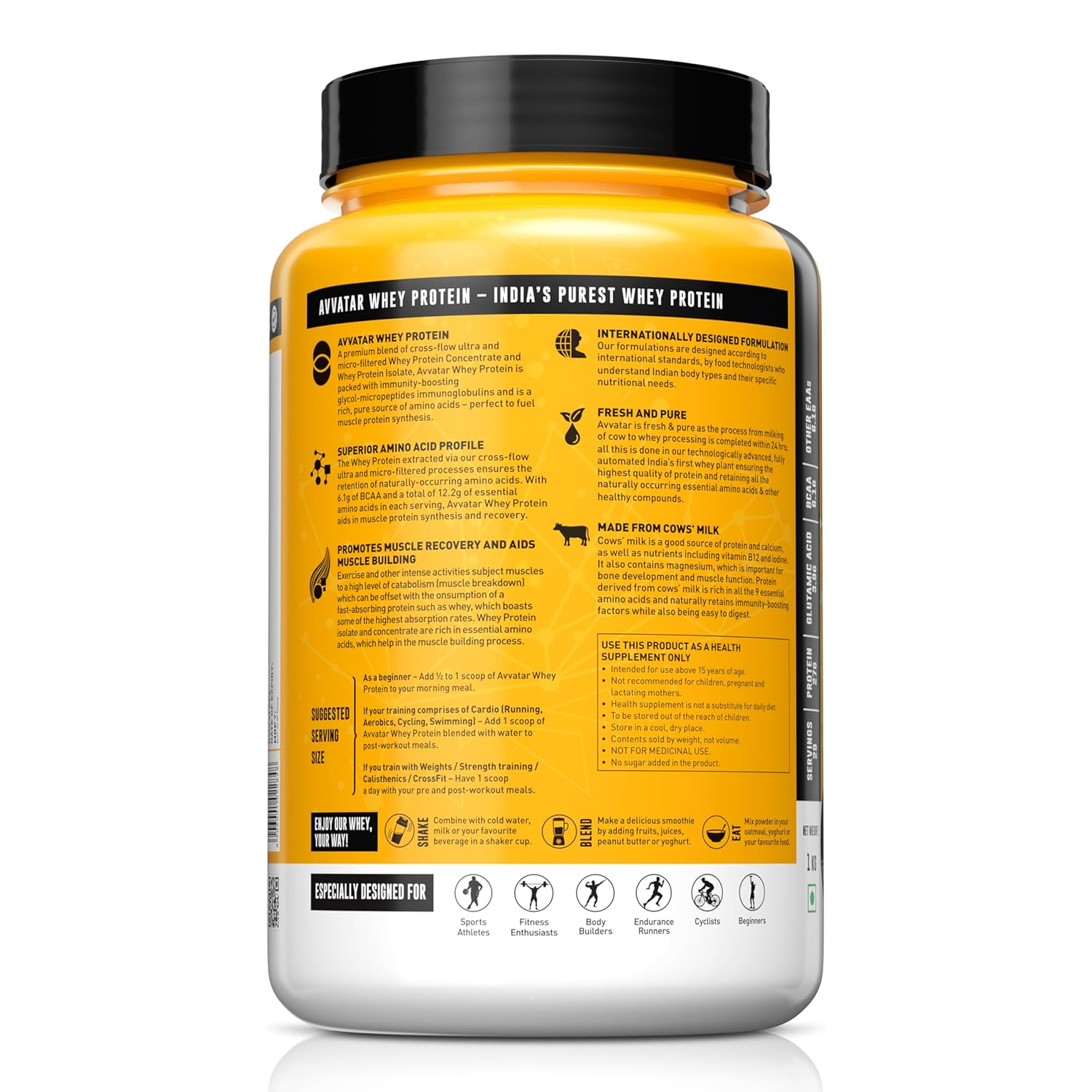 Whey protein supplement container with yellow label on a white background