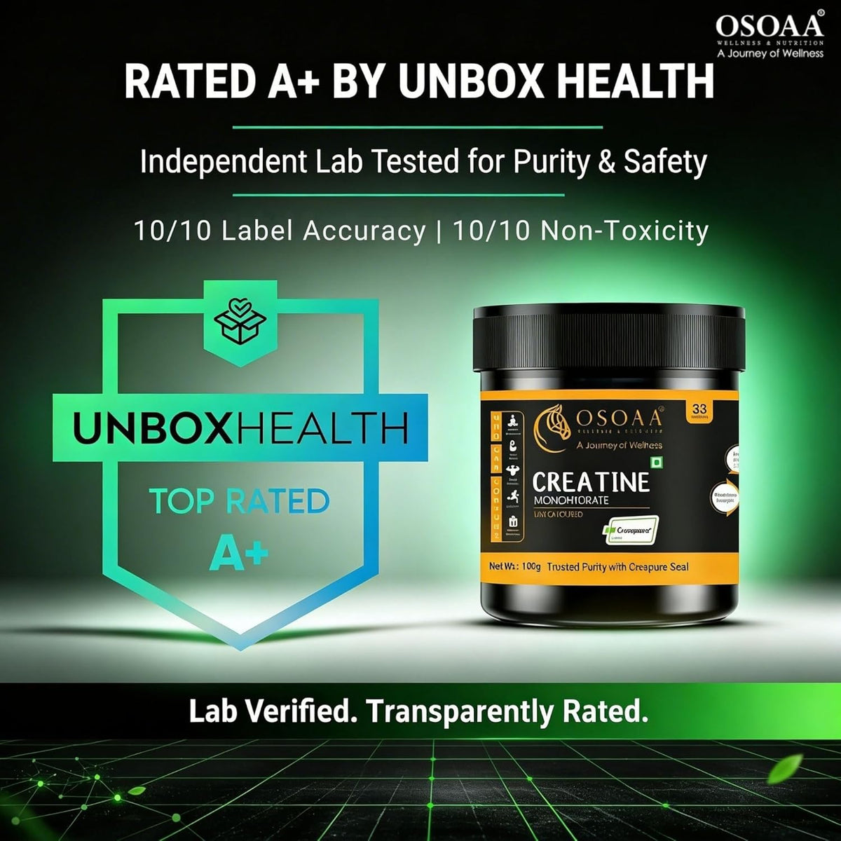 Osoaa Creatine supplement jar with Unbox Health rating on a dark background