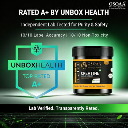 Osoaa Creatine supplement jar with Unbox Health rating on a dark background
