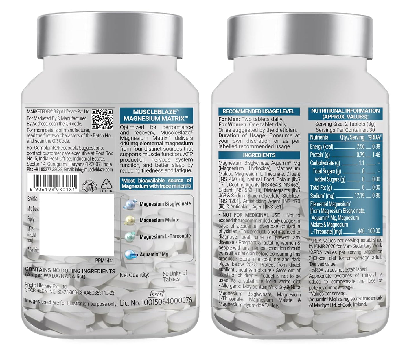 MuscleBlaze Magnesium Matrix, 60 Tablets 440mg Elemental Magnesium | Supports Performance, Recovery & Sleep