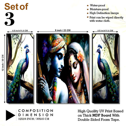 Radha Krishna Serenity & Forest Peacock Wall Art – 3-Panel UV-Printed Spiritual Décor | Ready-to-Hang Triptych for Living Room, Bedroom & Pooja (20 Inch x 12 Inch) JM-35291