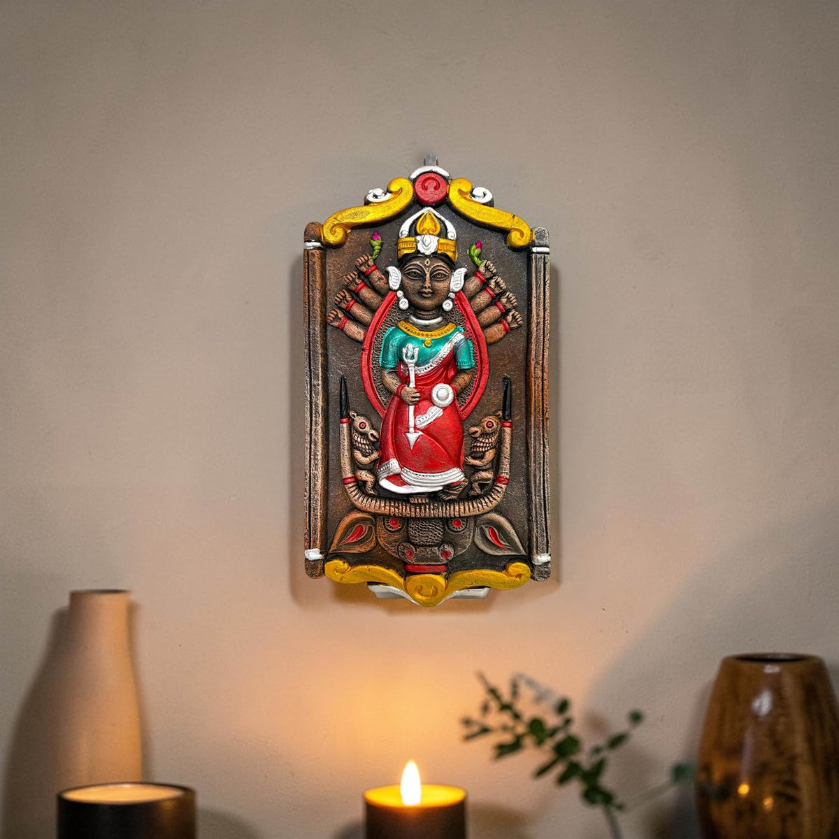 Maa Durga Murti Mahisasur Mardini Terracotta Wall Hanging Idol | Sherawali Devi MATA Wall Art Decor for Home Temple, Mandir, Living & Office Decor | Spiritual Gifting (24x13 CM)