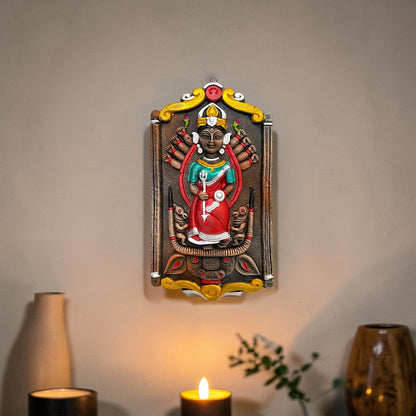 Maa Durga Murti Mahisasur Mardini Terracotta Wall Hanging Idol | Sherawali Devi MATA Wall Art Decor for Home Temple, Mandir, Living & Office Decor | Spiritual Gifting (24x13 CM)