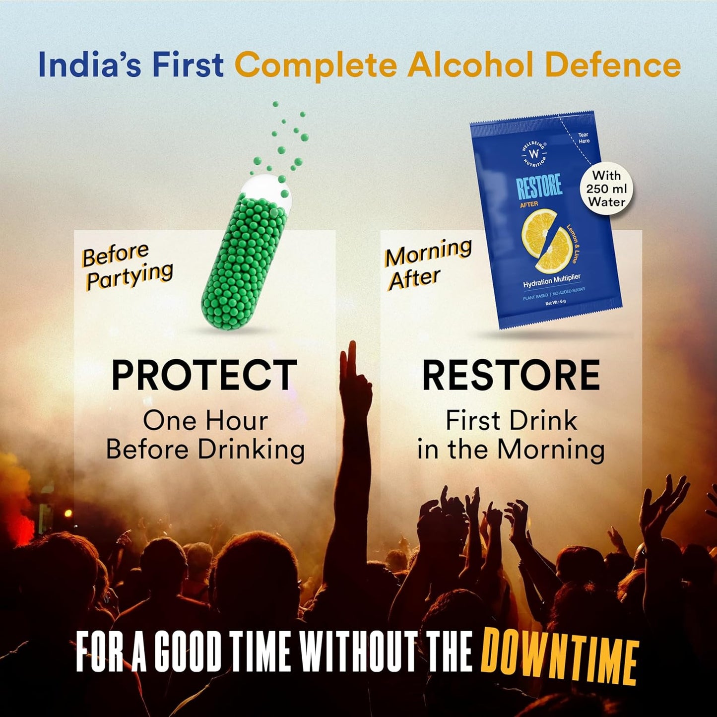 Wellbeing Nutrition Hangover Relief | One Pre-drinking Capsule (Protect) with Milk thistle, Chicory Extract, B-Vitamins & One Next Morning Hydration Drink (Restore) with Electrolytes from coconut water & Himalayan Pink Salt, Vitamin C, Magnesium (3)