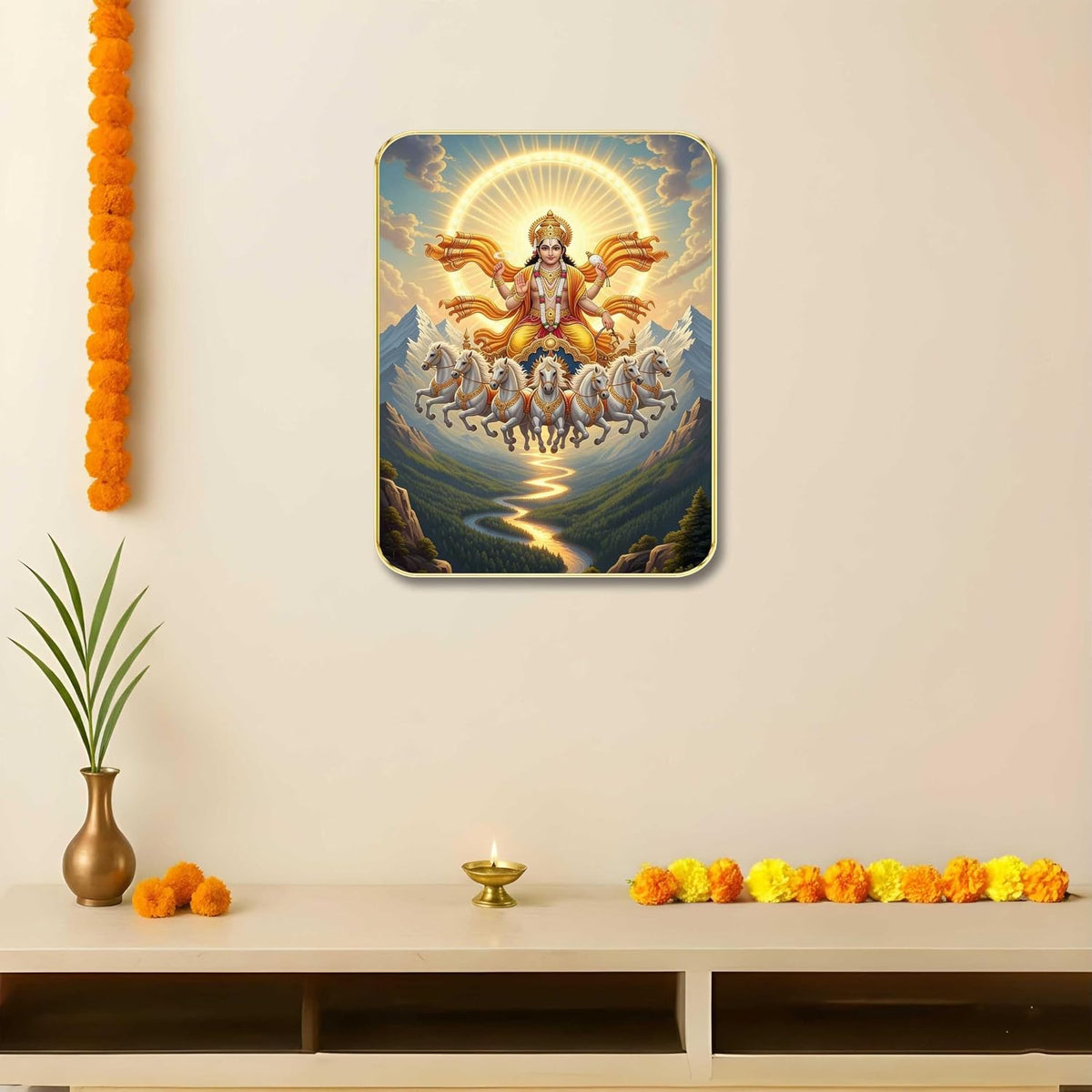 Divine Surya Dev Wall Art with Table Top Stand & Wall Hanging Hole | Premium MDF Sun God 7 Horses Vastu Painting for Living Room Office Home Decor Gift