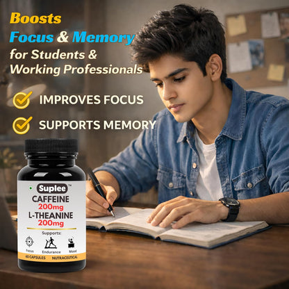 Suplee Caffeine 200mg & L-Theanine 200mg, Focus & Alertness Support, Pre-Workout & Study Aid, 60 Veg Capsules